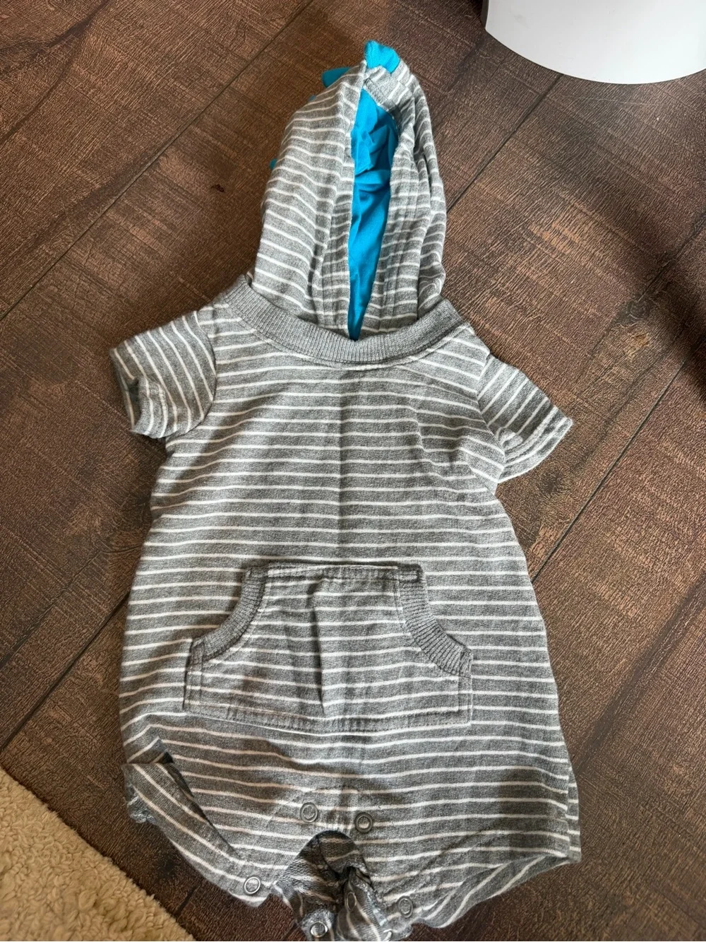 Carters 3M Dinosaur Hooded Romper Grey White Stripe Blue Spikes Short Sleeve